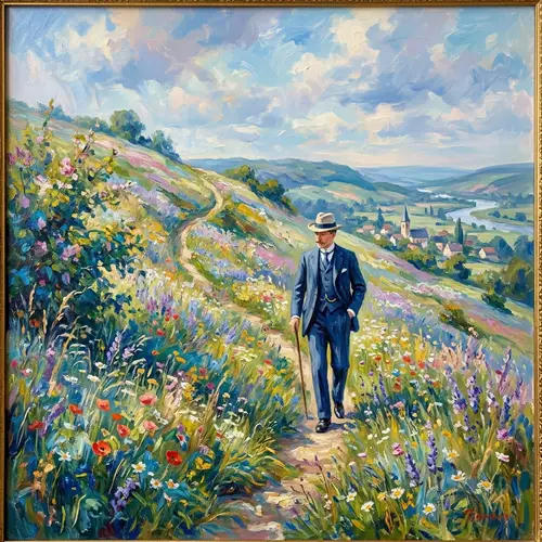 Impressionist Oil Painting of Gentleman Walking on Flower-Covered Hillside