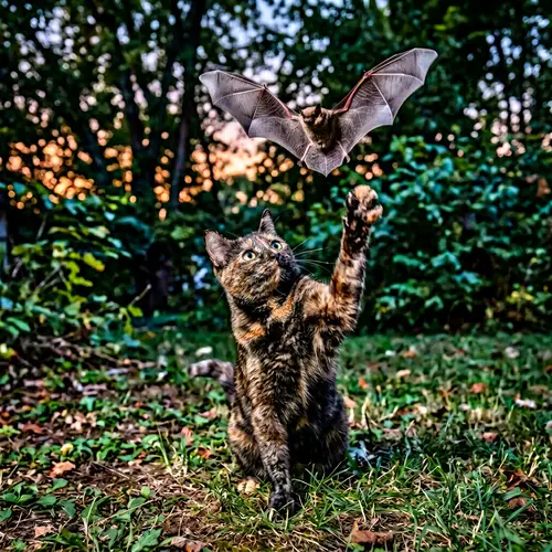 Domestic Shorthaired Cat Playing with Bat - Wildlife Encounter