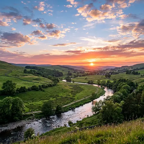 Realistic Landscape with Rolling Hills and Colorful Sunset
