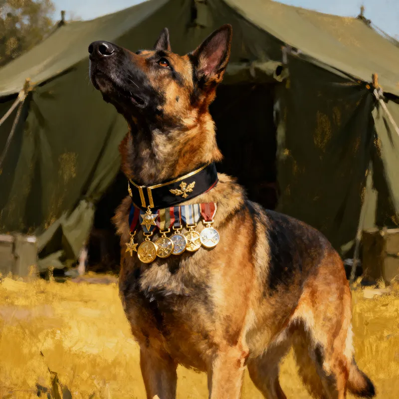 Military Dog with Medals - Stunning Oil Painting