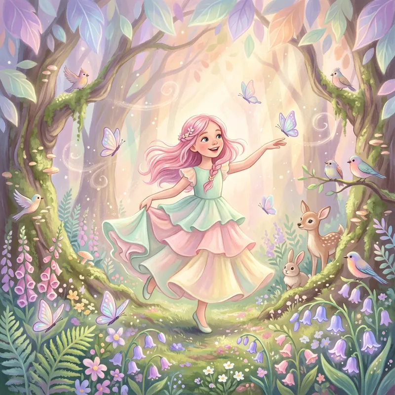 Playful Pink-Haired Girl Twirling in Enchanted Forest Fantasy