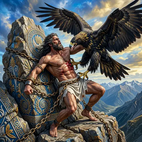 Prometheus and Eagle: Classical Greek Art Scene with Vibrant Colors