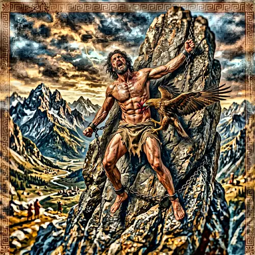 Prometheus Chained to Rock: Greek Mythology Tragedy with Tilt-Shift Effect