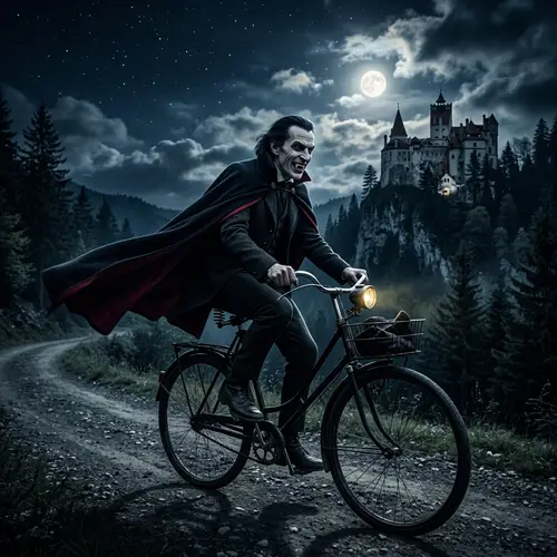 Vlad Dracula Riding Bicycle in Transylvania | Gothic Scene