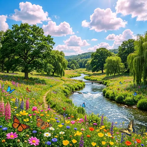 Vibrant Nature Sanctuary: Lush Meadow, River, and Butterflies