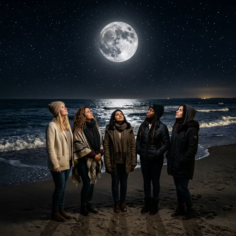 Diverse Group of Women Staring at Moon on Beach