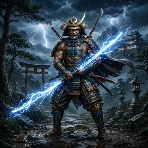 Muscular Samurai Warrior with Lightning Katana - Feudal Japan Theme