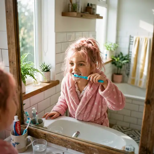 Young Girl with Pink Hair Brushing Teeth in Soft Morning Light