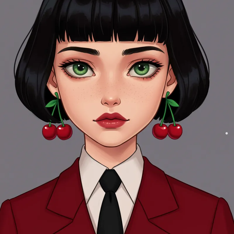 Elegant Woman in Red Suit with Cherry Earrings