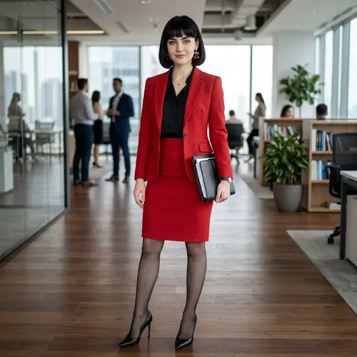 Elegant Woman in Red Suit with Cherry Earrings