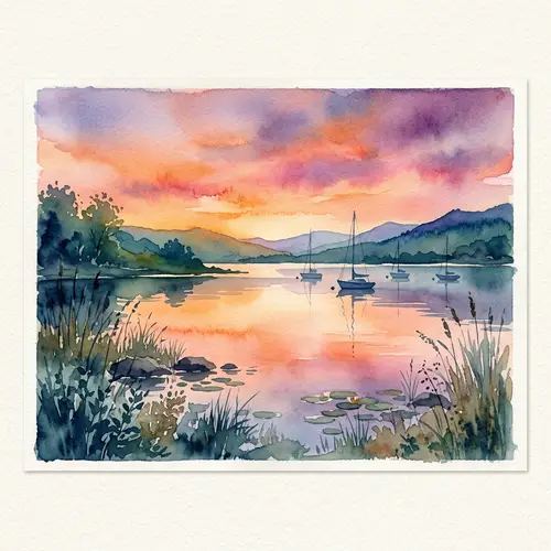 Tranquil Lake Sunset Watercolor Painting