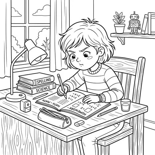 Cute Child Doing Homework Coloring Page