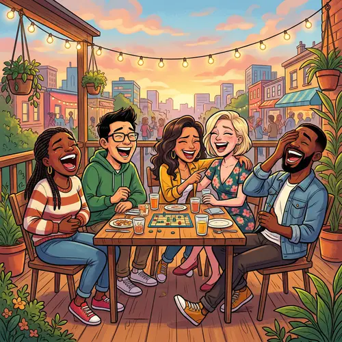Colorful Cartoon Illustration of Friends Laughing Together