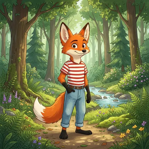 Anthropomorphic Fox Character in Tranquil Forest Setting