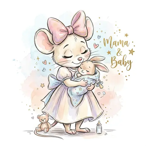 Adorable Mother Mouse with Baby Bunny Art