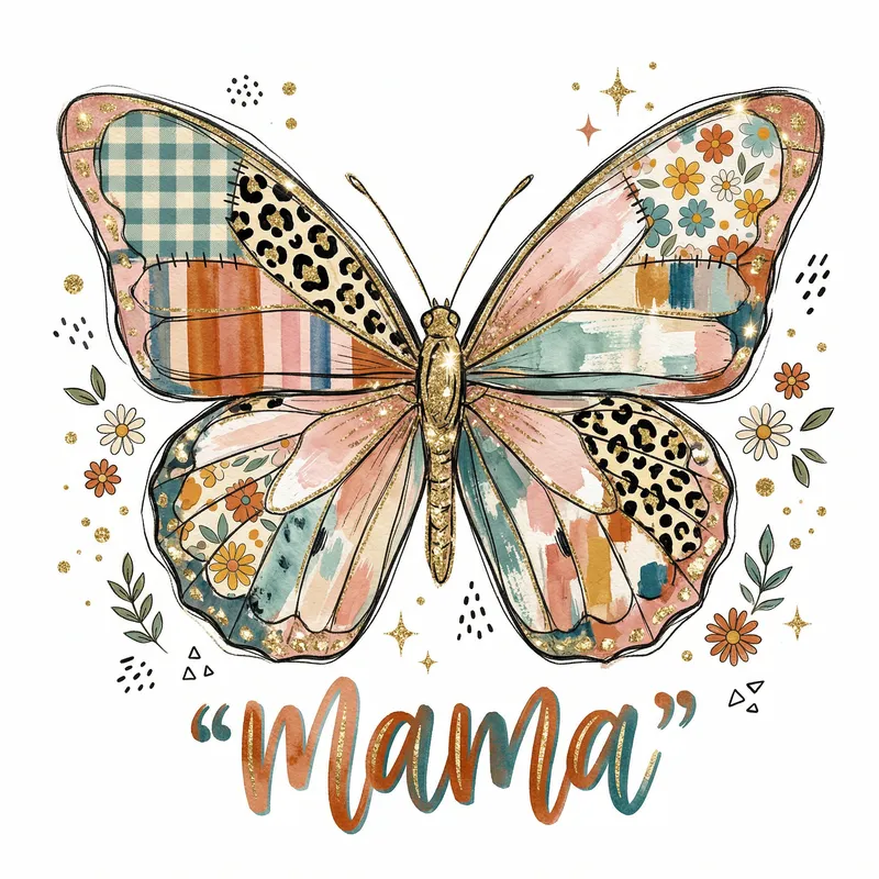 Hand-Painted Patchwork Butterfly Mama Illustration