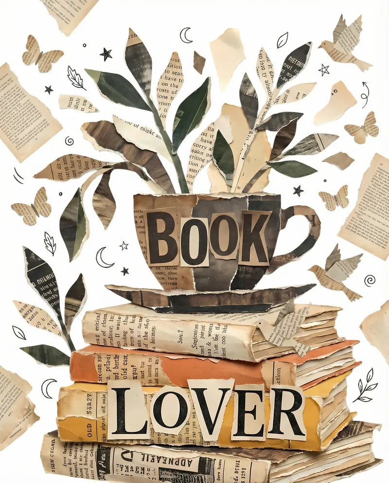 Whimsical Vintage Paper Collage Art for Book Lovers