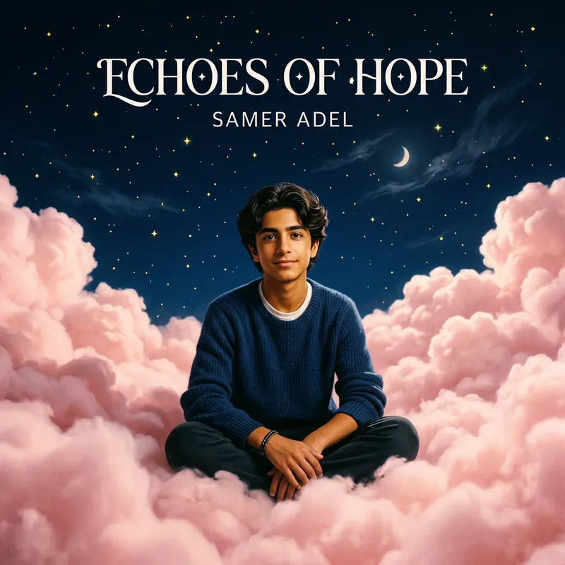 Teenage Boy in Pink Clouds under Midnight Sky with Yellow Stars