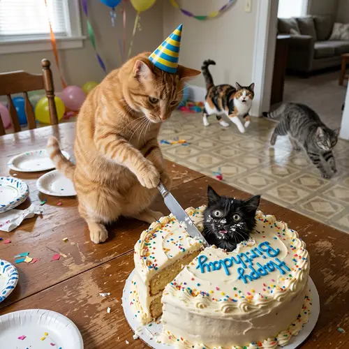Orange Cat Cuts Cake with Scared Black Cat Inside