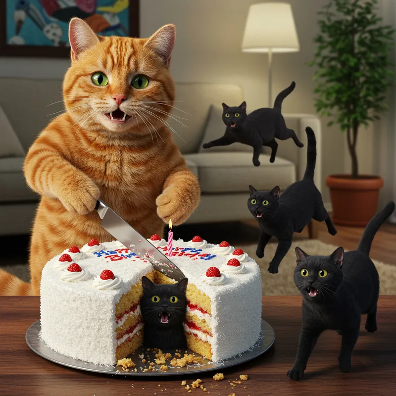 Orange Cat Cuts Cake with Scared Black Cat Inside