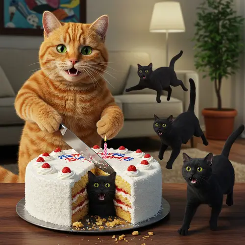 Orange Cat Cuts Cake with Scared Black Cat Inside
