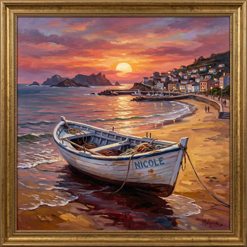White Boat 'Nicole' at Sunset - Malpica Beach Art White Boat 'Nicole' at Sunset - Malpica Beach Art