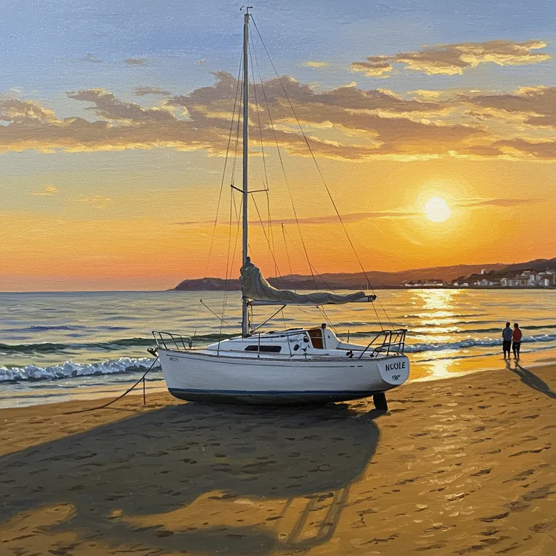 White Boat 'Nicole' at Sunset - Malpica Beach Art