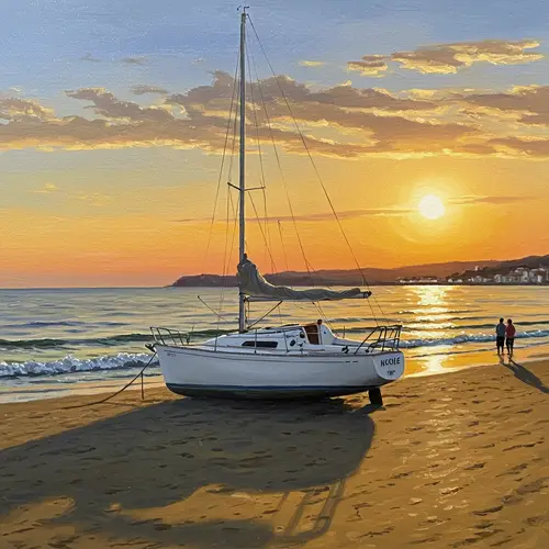 White Boat 'Nicole' at Sunset - Malpica Beach Art