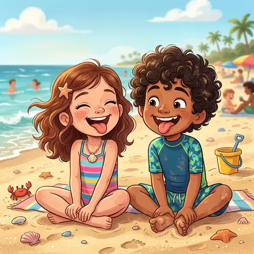 Wavy Hair Girl and Curly Hair Boy Playfully Sticking Tongues Out at Beach