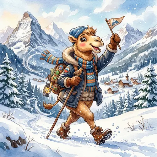 Whimsical Camel Adventure in Snowy Mountains