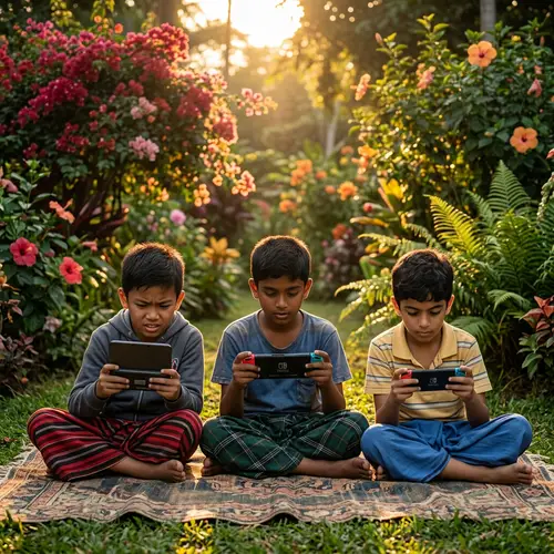 Diverse Young Boys in Traditional Lunghis Gaming in Colorful Setting