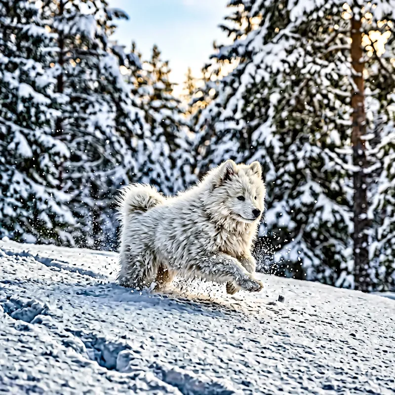 Furry Samoyed Puppy Frolicking in Winter Wonderland