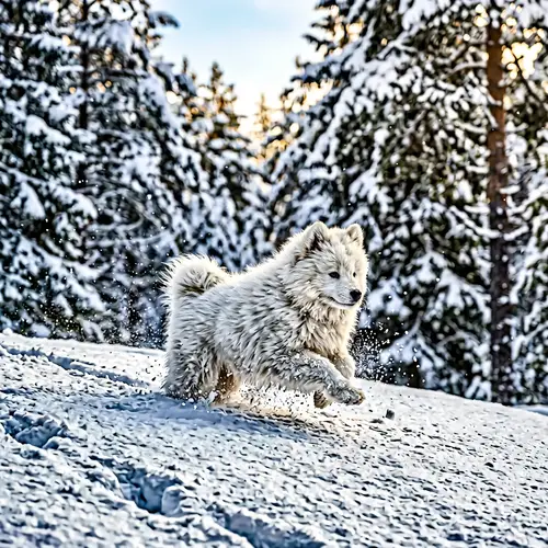 Furry Samoyed Puppy Frolicking in Winter Wonderland