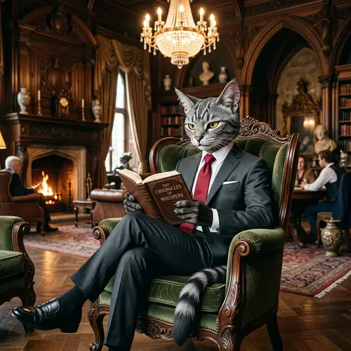 Anthropomorphic Feline Character Reading Book in Victorian Hotel Setting