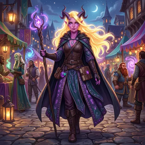 Colorful DnD World with Young Female Warlock Tiefling