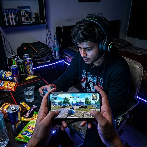 Intense Mobile Gaming Session in Dimly Lit Room | Battle Royale Experience