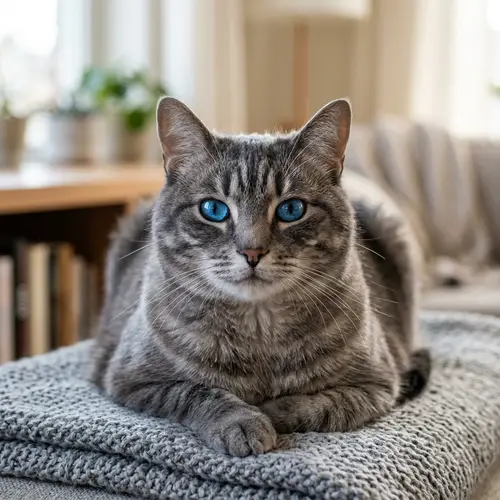 Grey House Cat with Striking Blue Eyes