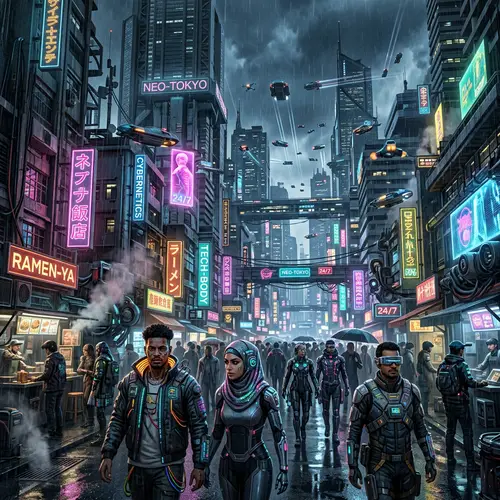 Futuristic Tech in a Vibrant Cyberpunk Cityscape