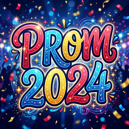 Vibrant Prom 2024 Text with Red Blue Yellow Colors