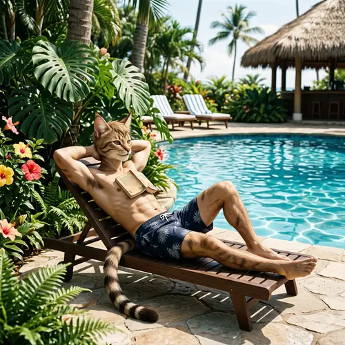 Male Cat-Demi-Human by Pool | Swim Trunks & Feline Features