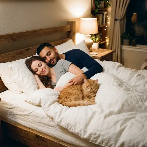 Cozy Moments: Couple in Bed with Orange Cat