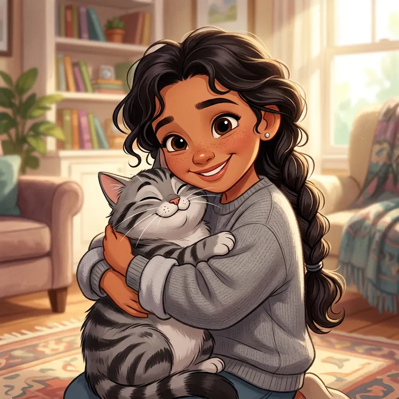 Hispanic Girl Hugging Grey Cat | Disney Style Image