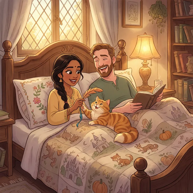 Disney-Style Couple Resting in Bed with Playful Orange Cat