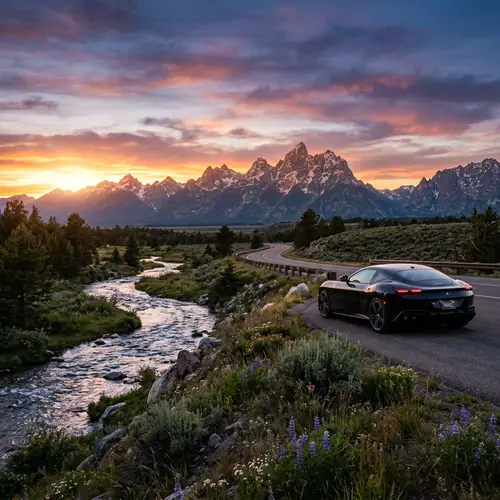 Majestic Black Sports Car Silhouetted in Twilight Mountains
