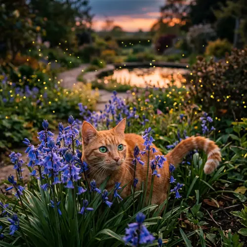 Playful Orange Cat Among Bluebells at Dusk