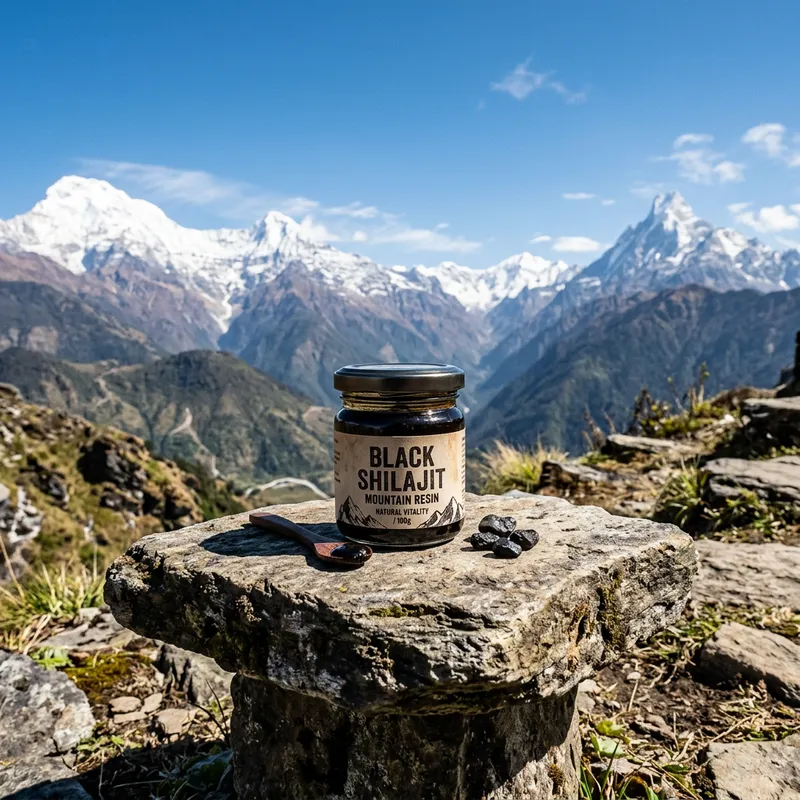 Black Shilajit Jar on Rock Table in Mountains with Resin
