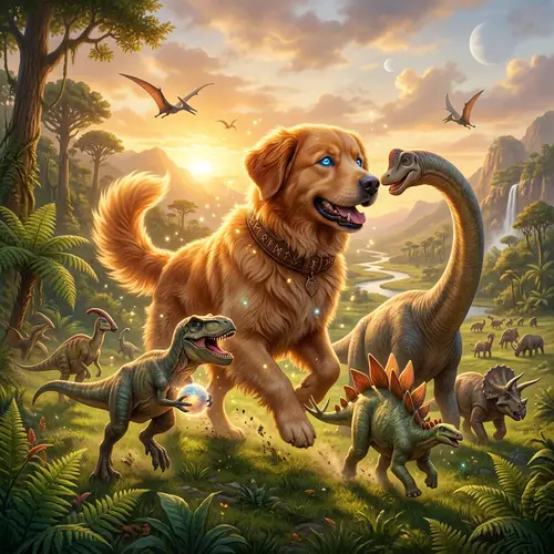 Mythical Dog and Prehistoric Dinosaurs Interaction - Fantastical Scene