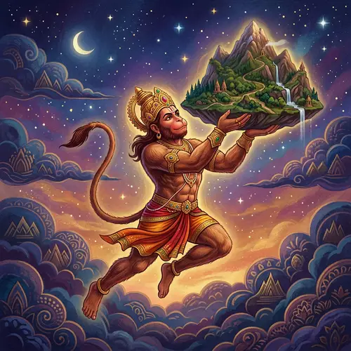 Mythical Flying Lord Hanuman with Majestic Mountain