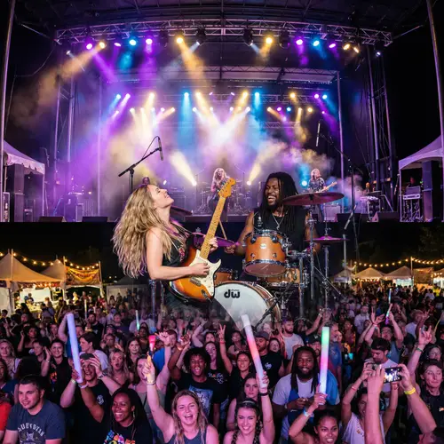 Thrilling Concert Scene: Energetic Band, Diverse Fans, Harmonious Moment