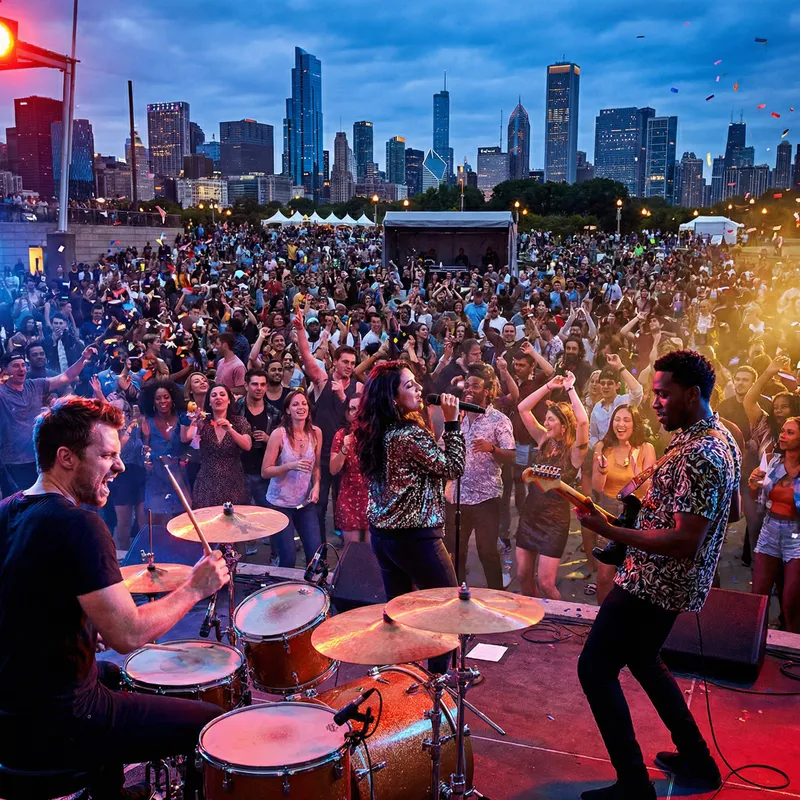 Vibrant Concert Imagery featuring Drummer, Vocalist, Guitarist Vibrant Concert Imagery featuring Drummer, Vocalist, Guitarist